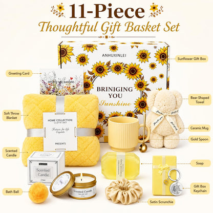 Sunflower Gifts for Women Birthday, 11Pcs Get Well Care Box | Ready-to-Give Sunshine Care Box with Cozy Blanket, Ceramic Mug, Lavender Candle and Spa Essentials
