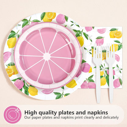 96 Pcs Lemon Party Decorations Pink and Yellow Lemon Plates and Napkins Disposable Summer Fruit Theme Tableware Set for Wedding Birthday Baby Shower Bridal Shower Party Supplies Serves 24