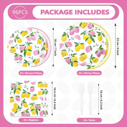 96 Pcs Lemon Party Decorations Pink and Yellow Lemon Plates and Napkins Disposable Summer Fruit Theme Tableware Set for Wedding Birthday Baby Shower Bridal Shower Party Supplies Serves 24