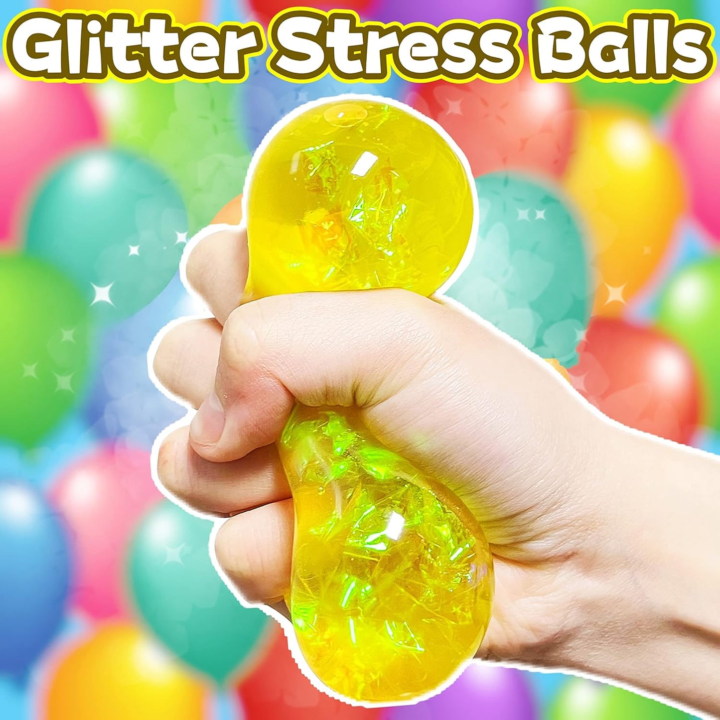 Yellow Glitter Stress Balls Collectible Figurines, Sensory Squishy Balls for Adults - Squishy Ball Stress Relief Gifts for Adults Desk Decor, Party Favors, Ideal for Autism, ADD, ADHD