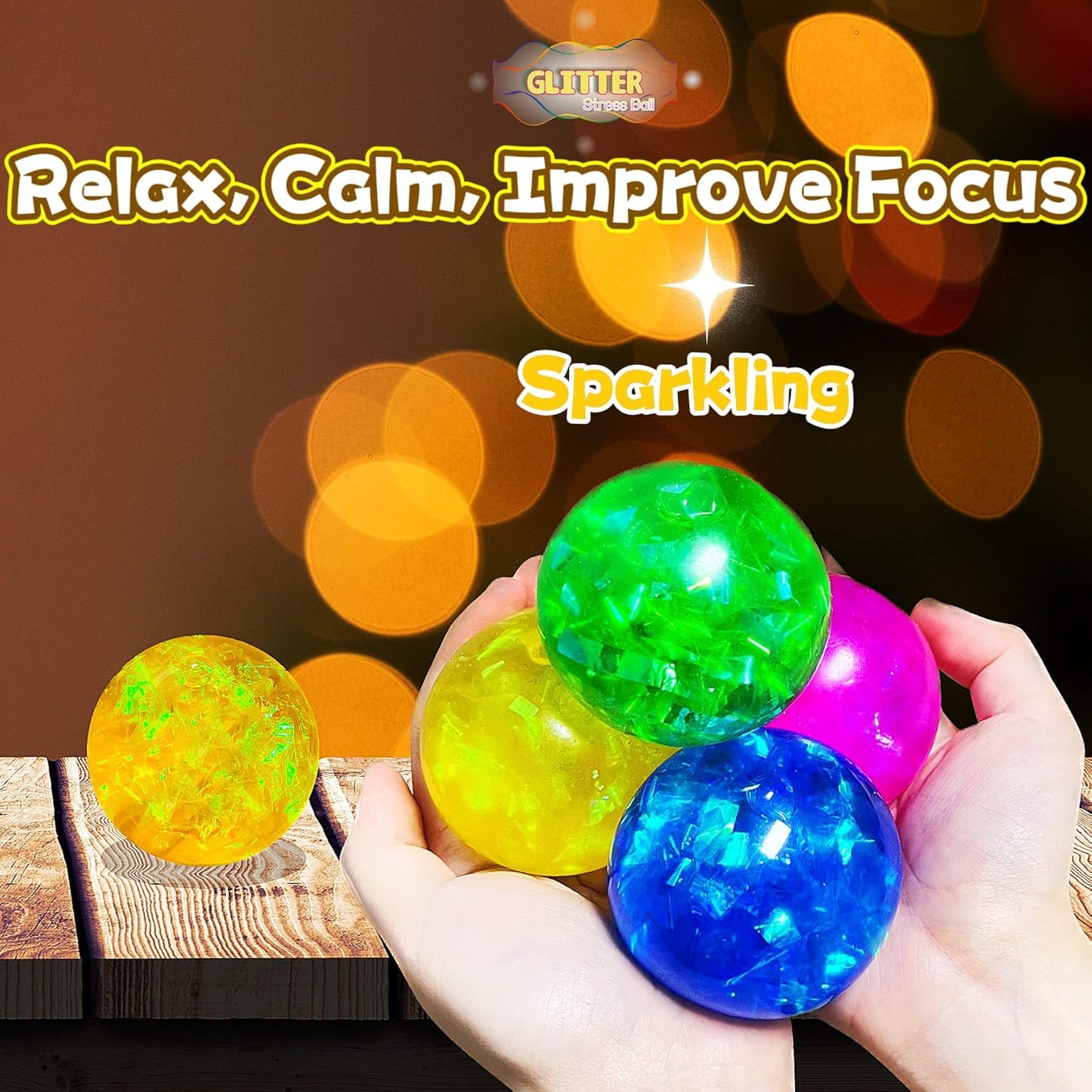 Yellow Glitter Stress Balls Collectible Figurines, Sensory Squishy Balls for Adults - Squishy Ball Stress Relief Gifts for Adults Desk Decor, Party Favors, Ideal for Autism, ADD, ADHD