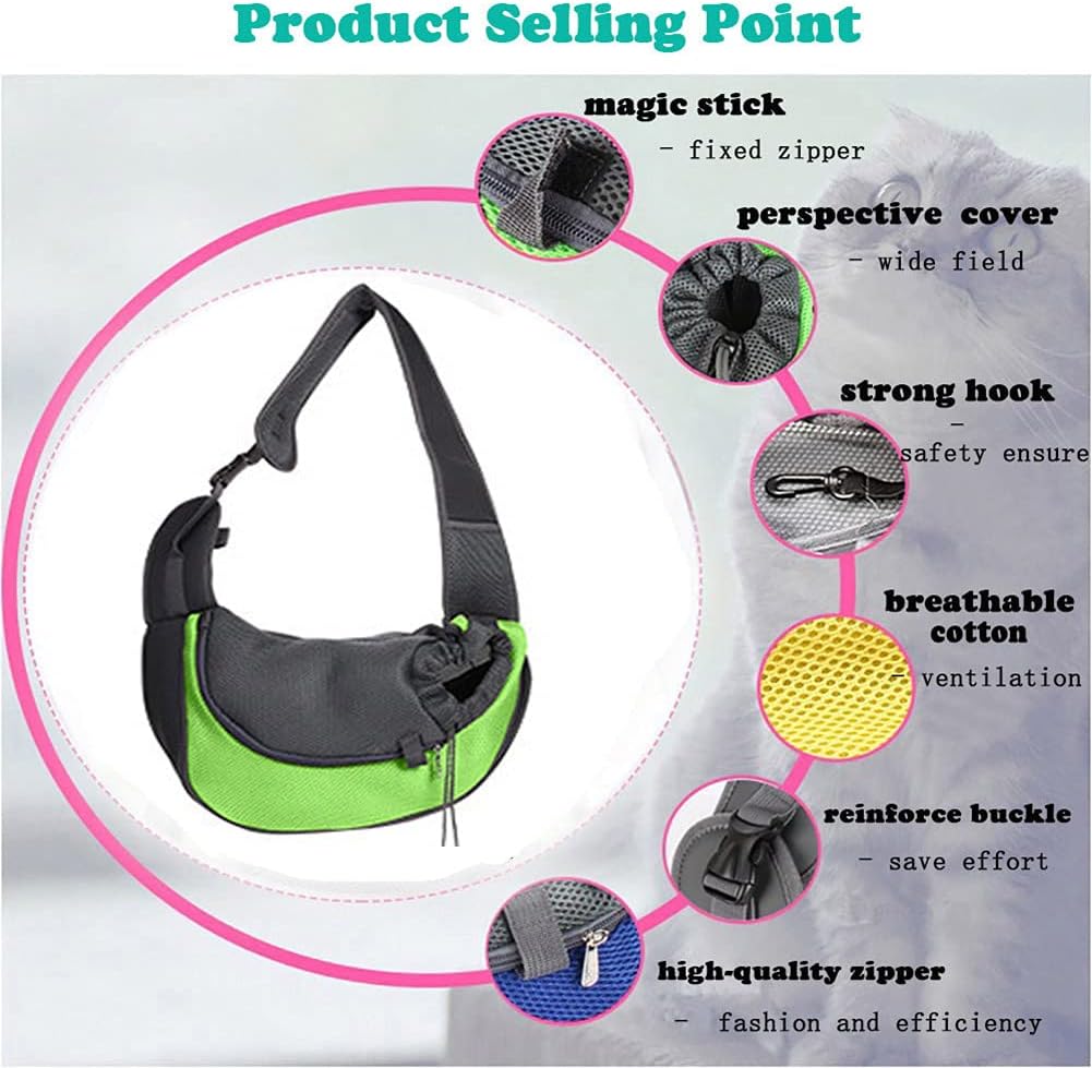 Dog Sling Carrier for Small Dogs Cat Puppy Crossbody Bag Carrier | Hands-Free, Safety Hook, Large Zipper Pocket, Soft Breathable Mesh, Adjustable Strap, Reflective Strip, Portable Travel Safe