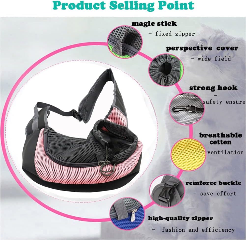 Dog Sling Carrier for Small Dogs Cat Puppy Crossbody Bag Carrier | Hands-Free, Safety Hook, Large Zipper Pocket, Soft Breathable Mesh, Adjustable Strap, Reflective Strip, Portable Travel Safe