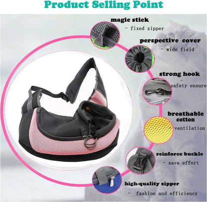 Dog Sling Carrier for Small Dogs Cat Puppy Crossbody Bag Carrier | Hands-Free, Safety Hook, Large Zipper Pocket, Soft Breathable Mesh, Adjustable Strap, Reflective Strip, Portable Travel Safe