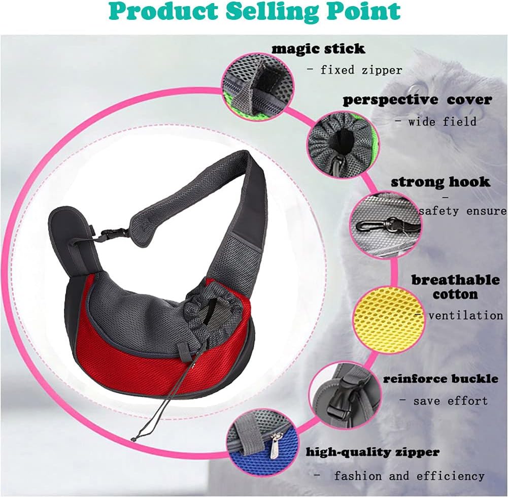 Dog Sling Carrier for Small Dogs Cat Puppy Crossbody Bag Carrier | Hands-Free, Safety Hook, Large Zipper Pocket, Soft Breathable Mesh, Adjustable Strap, Reflective Strip, Portable Travel Safe