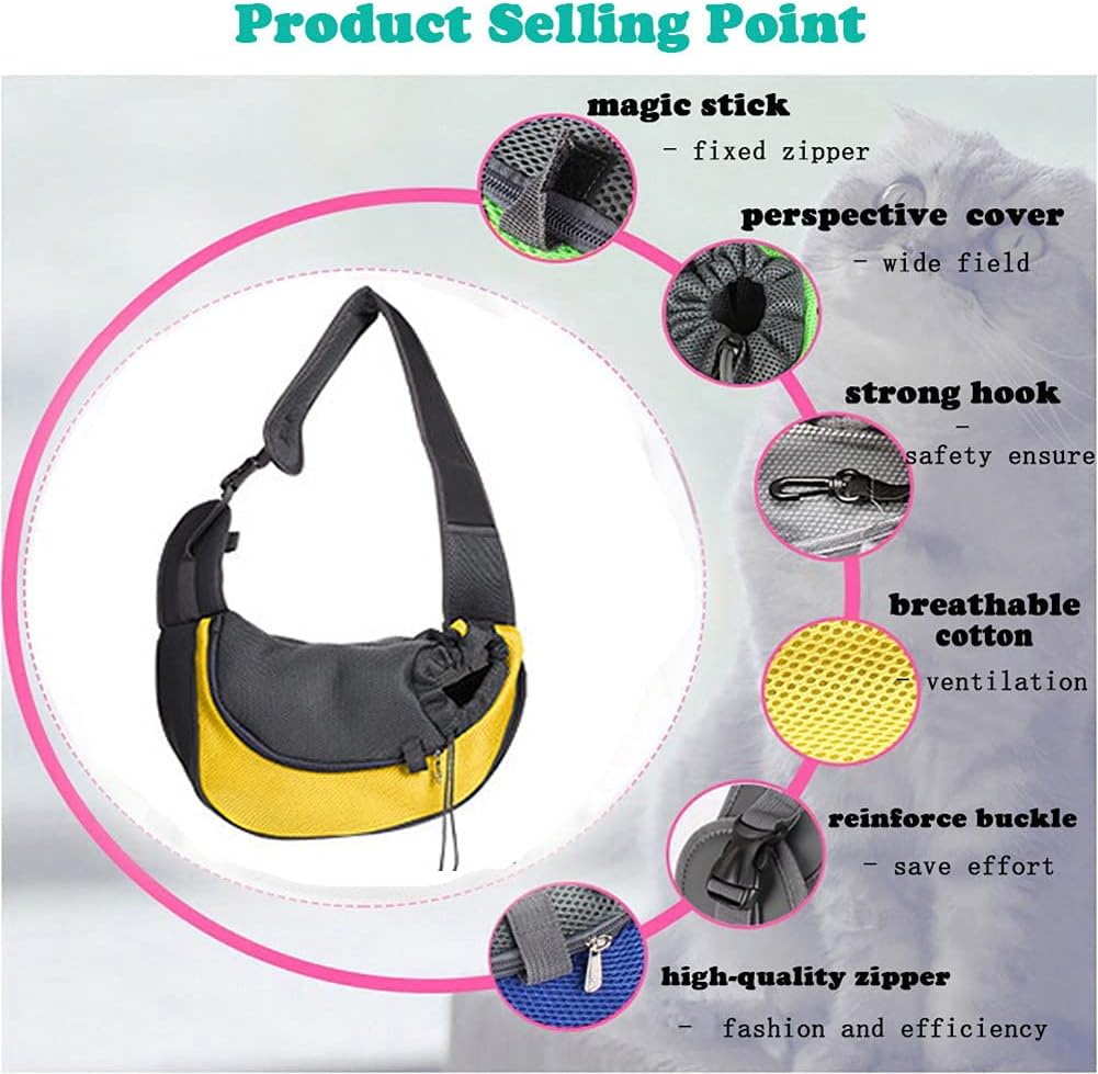 Dog Sling Carrier for Small Dogs Cat Puppy Crossbody Bag Carrier | Hands-Free, Safety Hook, Large Zipper Pocket, Soft Breathable Mesh, Adjustable Strap, Reflective Strip, Portable Travel Safe