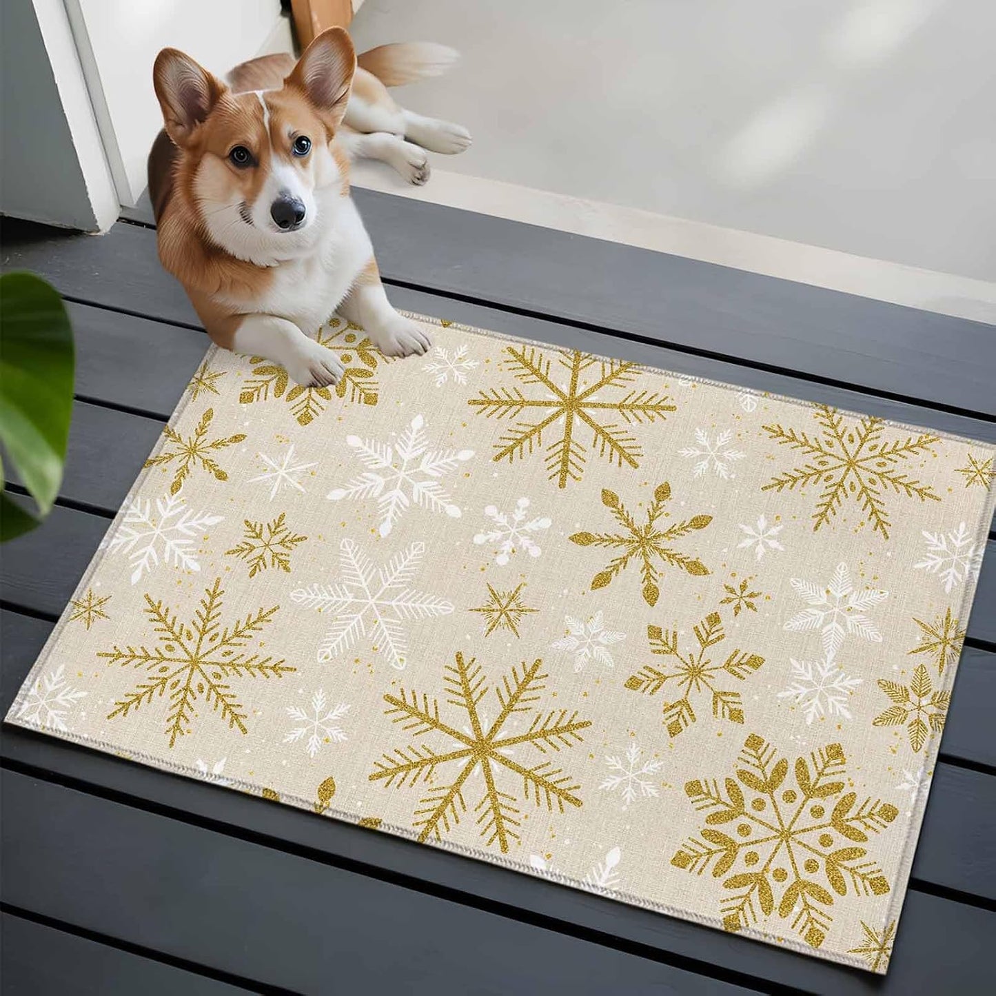 Winter Yellow Snowflake 2x3 Area Rugs for Living Room, Christmas White Snowflake Non Slip Floor Mat Washable Low-Profile Indoor Carpet for Bedroom, Dining Room, Bathroom