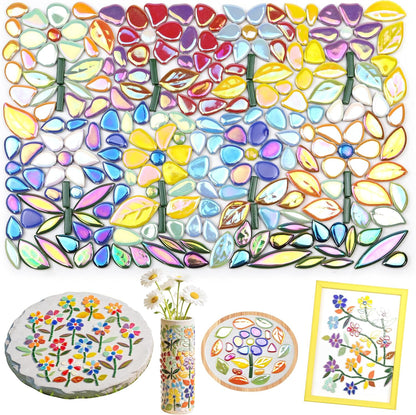 Mosaic Tiles for Stepping Stones: 610g Ceramic Iridescent | Mosaic Tiles for Crafts Bulk with Petals Centers Leaves Stem Decorative Flower Mosaic Supplies for DIY Garden Decor