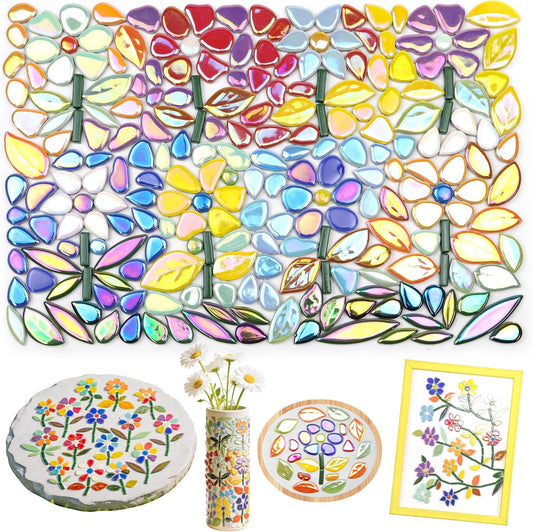 Mosaic Tiles for Stepping Stones: 610g Ceramic Iridescent | Mosaic Tiles for Crafts Bulk with Petals Centers Leaves Stem Decorative Flower Mosaic Supplies for DIY Garden Decor