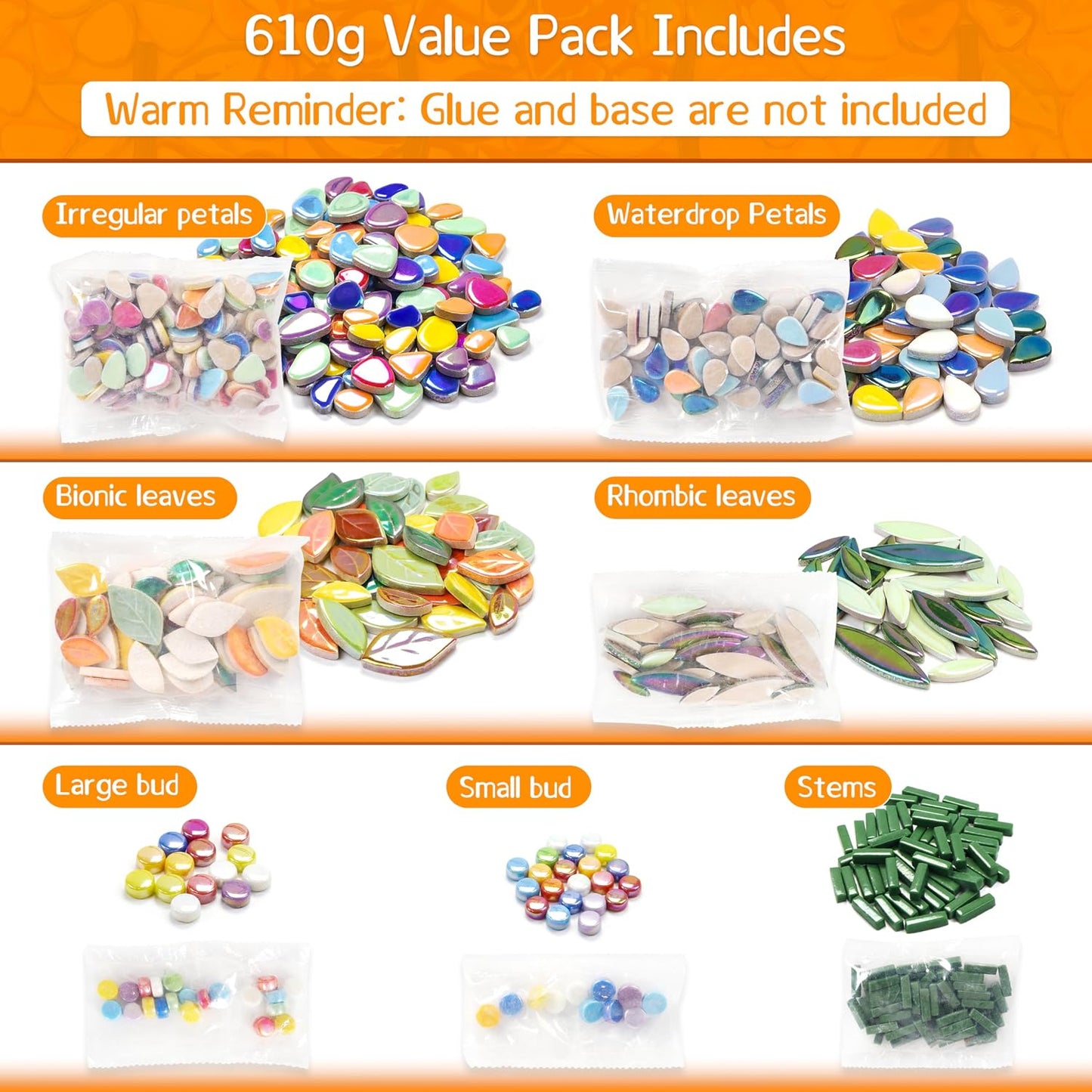 Mosaic Tiles for Stepping Stones: 610g Ceramic Iridescent | Mosaic Tiles for Crafts Bulk with Petals Centers Leaves Stem Decorative Flower Mosaic Supplies for DIY Garden Decor