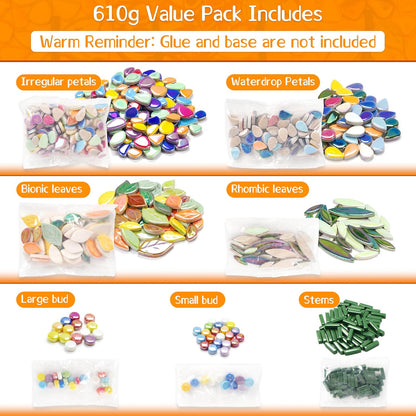 Mosaic Tiles for Stepping Stones: 610g Ceramic Iridescent | Mosaic Tiles for Crafts Bulk with Petals Centers Leaves Stem Decorative Flower Mosaic Supplies for DIY Garden Decor