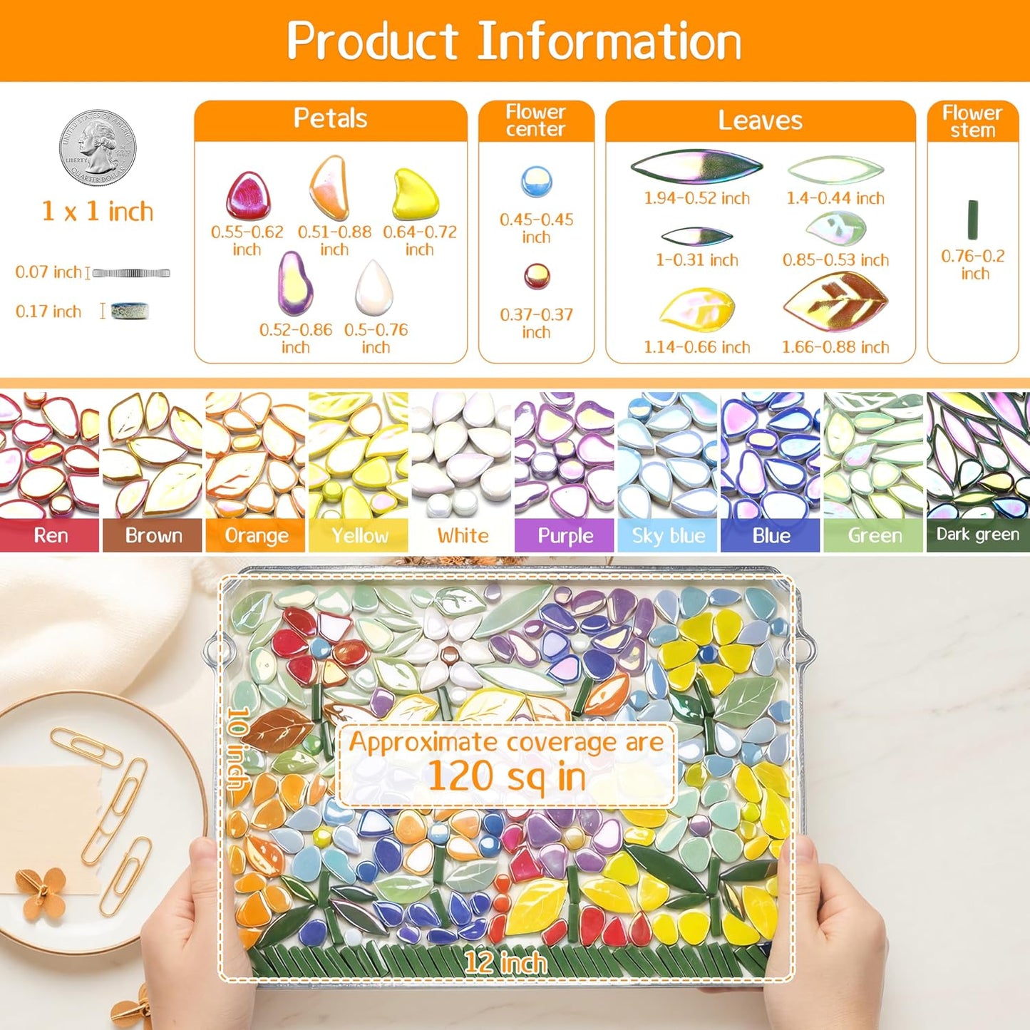 Mosaic Tiles for Stepping Stones: 610g Ceramic Iridescent | Mosaic Tiles for Crafts Bulk with Petals Centers Leaves Stem Decorative Flower Mosaic Supplies for DIY Garden Decor