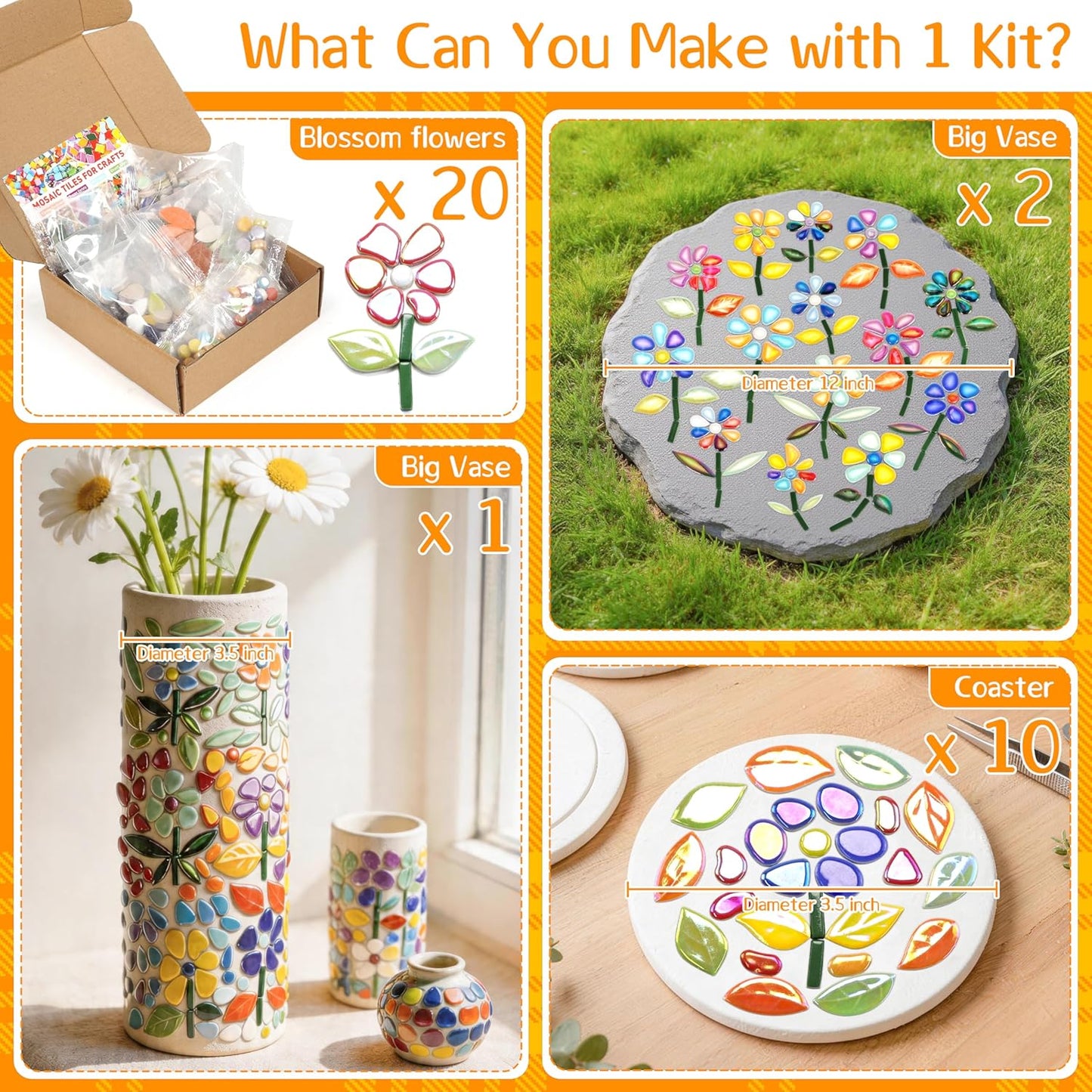 Mosaic Tiles for Stepping Stones: 610g Ceramic Iridescent | Mosaic Tiles for Crafts Bulk with Petals Centers Leaves Stem Decorative Flower Mosaic Supplies for DIY Garden Decor
