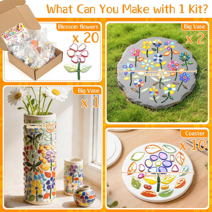 Mosaic Tiles for Stepping Stones: 610g Ceramic Iridescent | Mosaic Tiles for Crafts Bulk with Petals Centers Leaves Stem Decorative Flower Mosaic Supplies for DIY Garden Decor