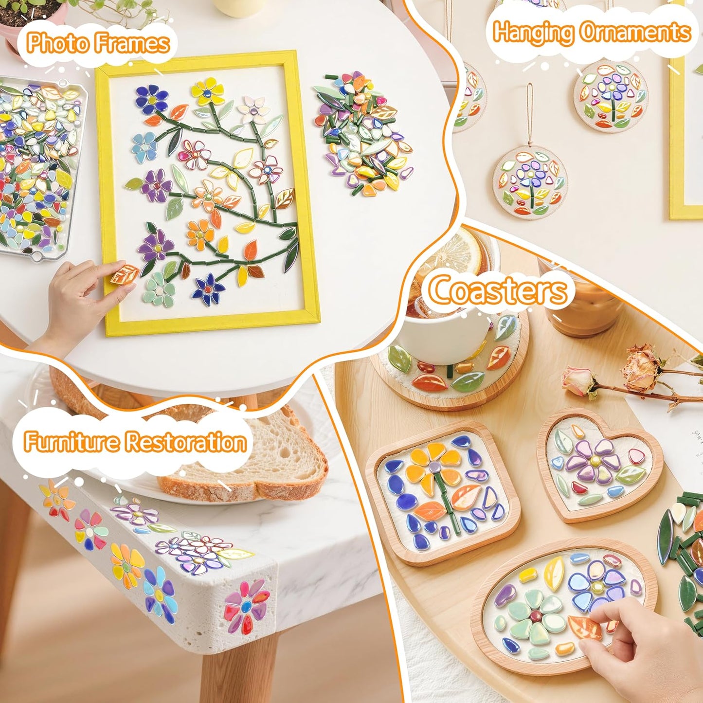 Mosaic Tiles for Stepping Stones: 610g Ceramic Iridescent | Mosaic Tiles for Crafts Bulk with Petals Centers Leaves Stem Decorative Flower Mosaic Supplies for DIY Garden Decor
