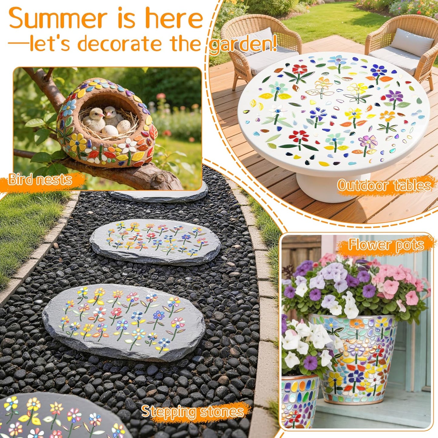 Mosaic Tiles for Stepping Stones: 610g Ceramic Iridescent | Mosaic Tiles for Crafts Bulk with Petals Centers Leaves Stem Decorative Flower Mosaic Supplies for DIY Garden Decor