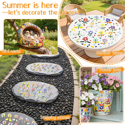 Mosaic Tiles for Stepping Stones: 610g Ceramic Iridescent | Mosaic Tiles for Crafts Bulk with Petals Centers Leaves Stem Decorative Flower Mosaic Supplies for DIY Garden Decor