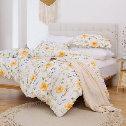 Yellow Floral Printed Duvet Cover Set King Size | Soft Botanical Microfiber Duvet Cover with Pillow Shams, Zipper Closure Corner Ties, Oeko-Tex Certified