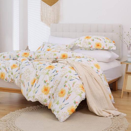 Yellow Floral Printed Duvet Cover Set King Size | Soft Botanical Microfiber Duvet Cover with Pillow Shams, Zipper Closure Corner Ties, Oeko-Tex Certified