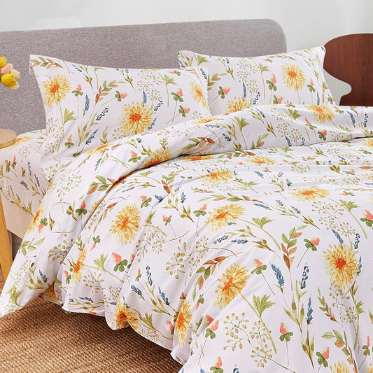 Yellow Floral Printed Duvet Cover Set King Size | Soft Botanical Microfiber Duvet Cover with Pillow Shams, Zipper Closure Corner Ties, Oeko-Tex Certified