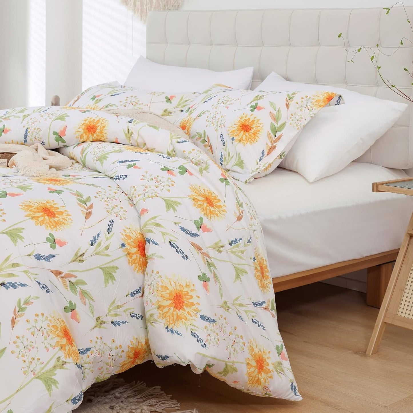 Yellow Floral Printed Duvet Cover Set King Size | Soft Botanical Microfiber Duvet Cover with Pillow Shams, Zipper Closure Corner Ties, Oeko-Tex Certified