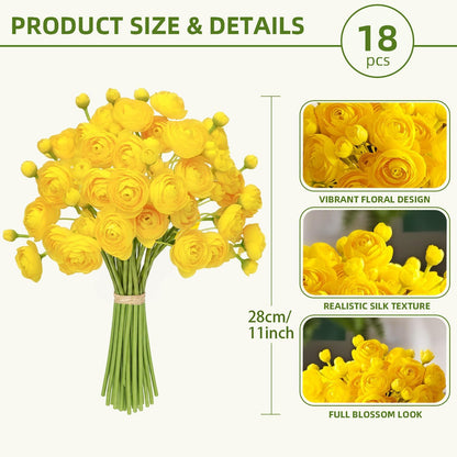 Artificial Ranunculus Flower Yellow, 18 Pcs | Silk Flower, Faux DIY Bouquet, Wedding Engagement Centerpieces, Bridal Shower Decorations, Home Decor