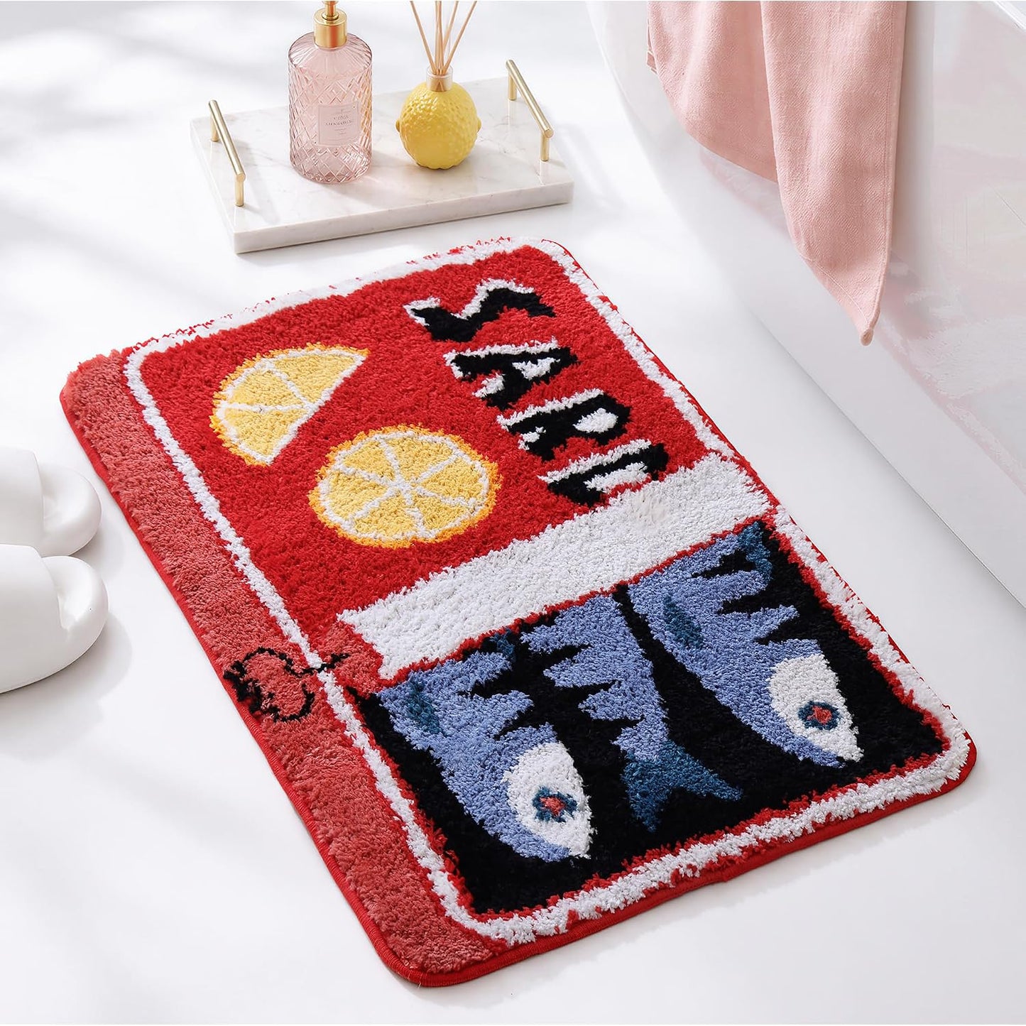 Sardine Can Bath Mat, Red Bathroom Rugs for Bedroom, Soft Washable Rug Non Slip Cute Kitchen Bath Mats for Bathroom Funny Cartoon Fish and Lemon