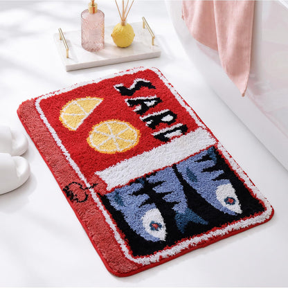 Sardine Can Bath Mat, Red Bathroom Rugs for Bedroom, Soft Washable Rug Non Slip Cute Kitchen Bath Mats for Bathroom Funny Cartoon Fish and Lemon