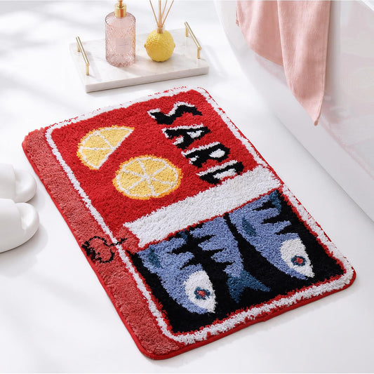 Sardine Can Bath Mat, Red Bathroom Rugs for Bedroom, Soft Washable Rug Non Slip Cute Kitchen Bath Mats for Bathroom Funny Cartoon Fish and Lemon
