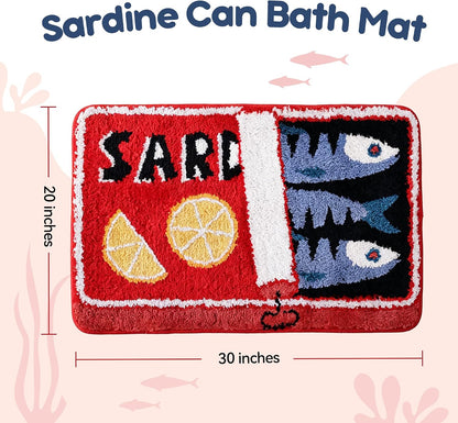 Sardine Can Bath Mat, Red Bathroom Rugs for Bedroom, Soft Washable Rug Non Slip Cute Kitchen Bath Mats for Bathroom Funny Cartoon Fish and Lemon