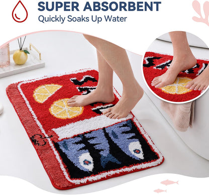 Sardine Can Bath Mat, Red Bathroom Rugs for Bedroom, Soft Washable Rug Non Slip Cute Kitchen Bath Mats for Bathroom Funny Cartoon Fish and Lemon
