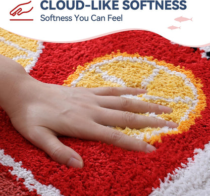 Sardine Can Bath Mat, Red Bathroom Rugs for Bedroom, Soft Washable Rug Non Slip Cute Kitchen Bath Mats for Bathroom Funny Cartoon Fish and Lemon