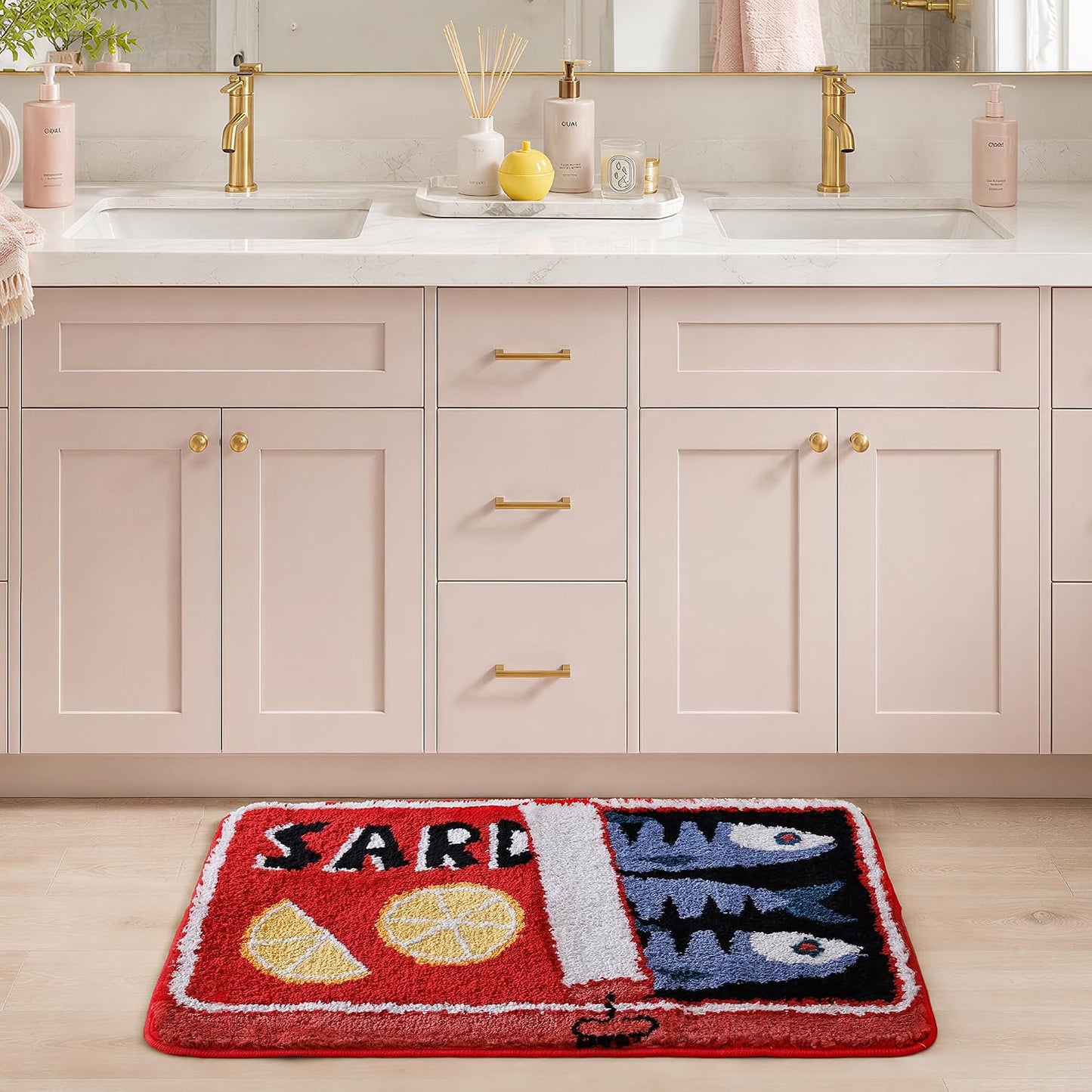 Sardine Can Bath Mat, Red Bathroom Rugs for Bedroom, Soft Washable Rug Non Slip Cute Kitchen Bath Mats for Bathroom Funny Cartoon Fish and Lemon