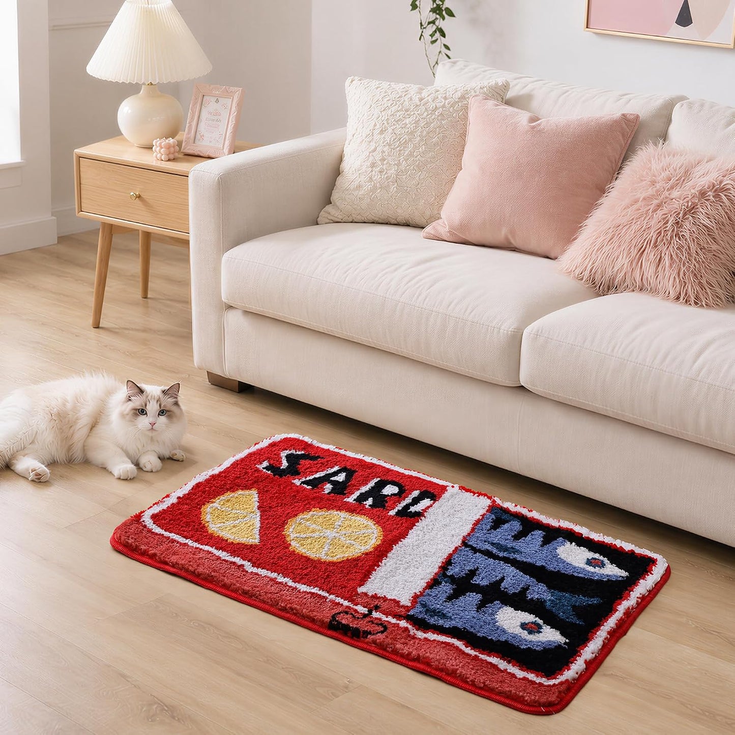 Sardine Can Bath Mat, Red Bathroom Rugs for Bedroom, Soft Washable Rug Non Slip Cute Kitchen Bath Mats for Bathroom Funny Cartoon Fish and Lemon