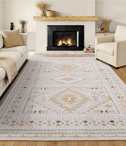 Boho Farmhouse Area Rug 5x7, Washable Tribal Rug for Bedroom, Non-Slip Medallion Rugs for Living Room Dining Room, Entryway (Beige/Yellow, 5'x7')