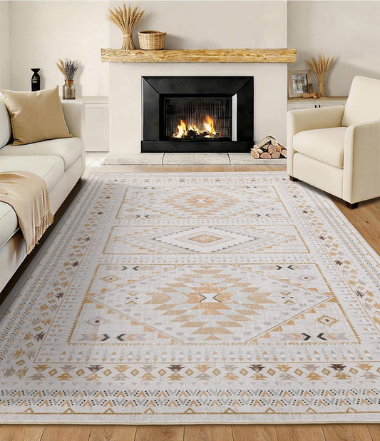 Boho Farmhouse Area Rug 5x7, Washable Tribal Rug for Bedroom, Non-Slip Medallion Rugs for Living Room Dining Room, Entryway (Beige/Yellow, 5'x7')