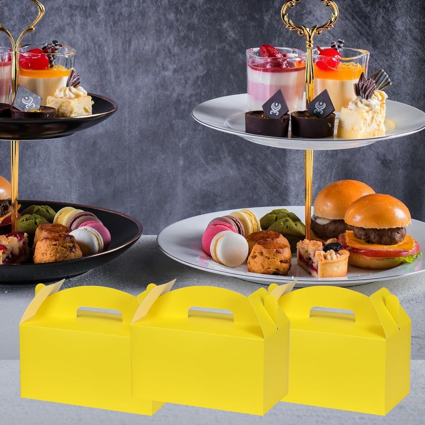 Yellow Gable Boxes with Handles, 9.45"x5"x5", 12 Pack | Premium Thick Cardstock Treat Boxes for Party Favor, Kids Birthday, Baby Shower, Wedding, Holidays Gifts