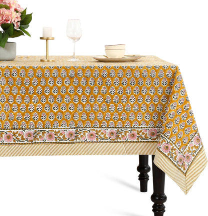 CPC Tablecloth 100% Cotton 72x140 Inch Indian Block Print Rectangle Table Cover, Yellow Table Cloth for Weddings, Spring/Summer, Barbeque - Yellow Citrine