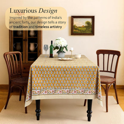 CPC Tablecloth 100% Cotton 72x140 Inch Indian Block Print Rectangle Table Cover, Yellow Table Cloth for Weddings, Spring/Summer, Barbeque - Yellow Citrine