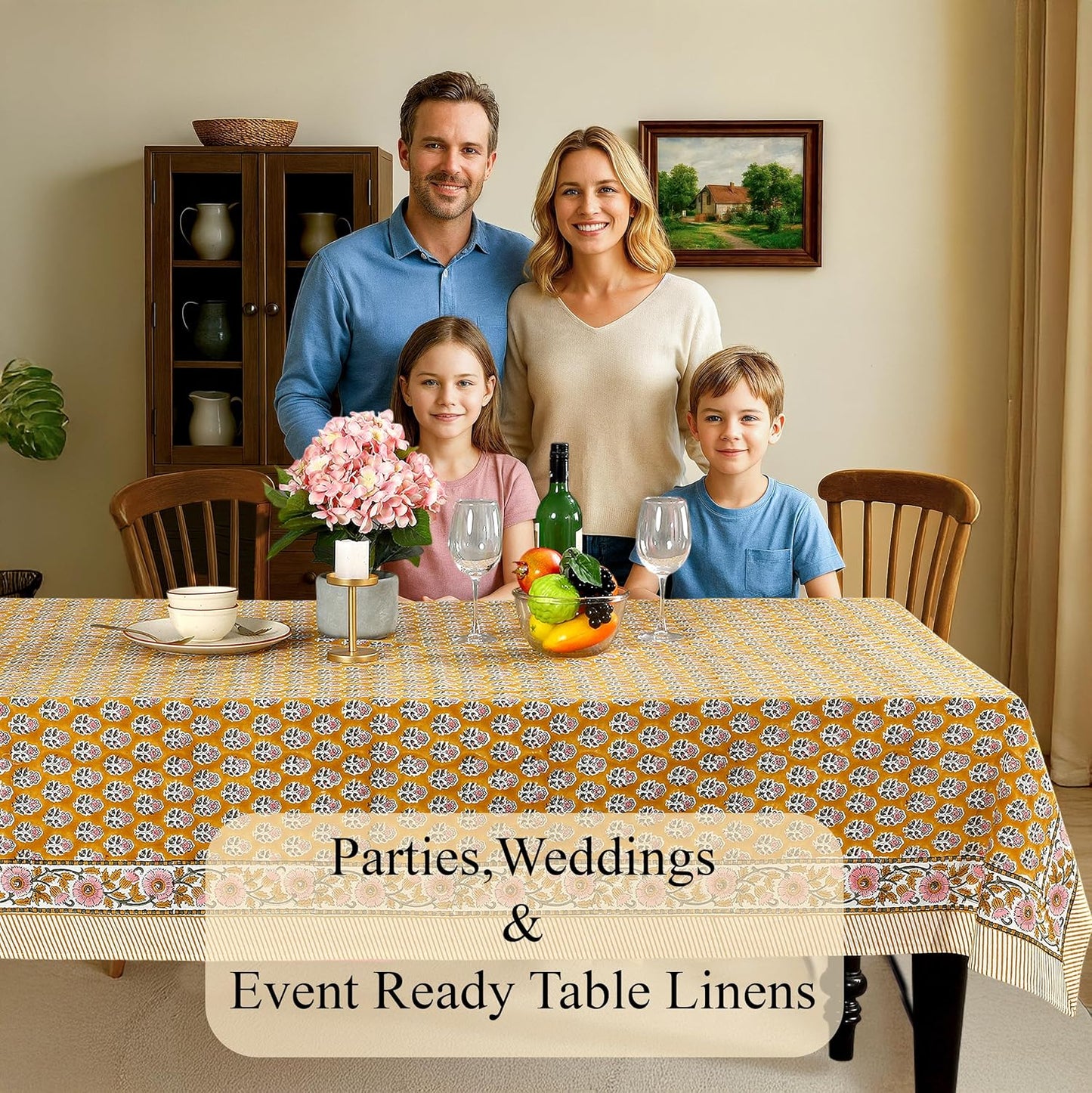 CPC Tablecloth 100% Cotton 72x140 Inch Indian Block Print Rectangle Table Cover, Yellow Table Cloth for Weddings, Spring/Summer, Barbeque - Yellow Citrine