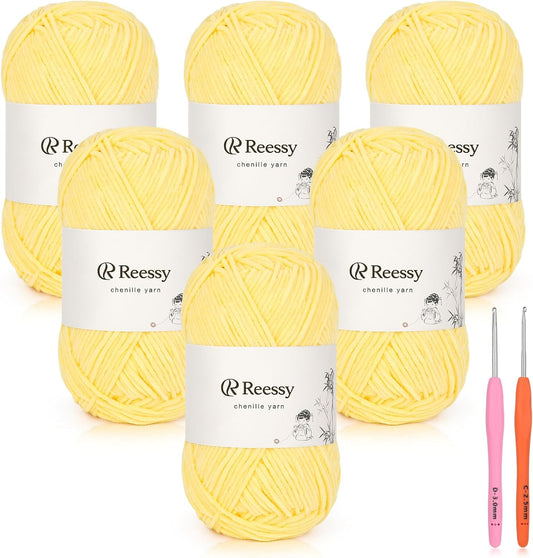 Skinny Chenille Yarn for Crocheting - 6 Pack of 50g/158yd (948yd Total) - Soft Matte Thin Chenille CYC #2 - Fine Weight Baby Yarn for Plush Toys, Baby Blankets & Small Crafts(Sun Yellow)
