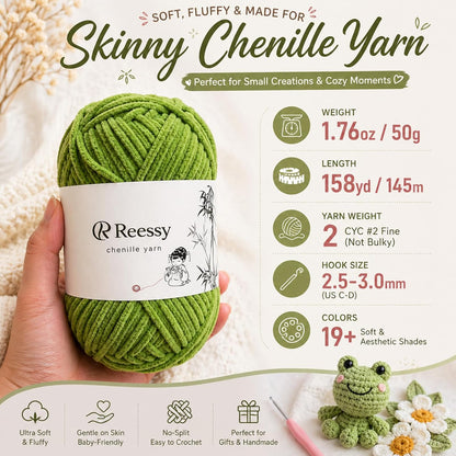 Skinny Chenille Yarn for Crocheting - 6 Pack of 50g/158yd (948yd Total) - Soft Matte Thin Chenille CYC #2 - Fine Weight Baby Yarn for Plush Toys, Baby Blankets & Small Crafts(Sun Yellow)