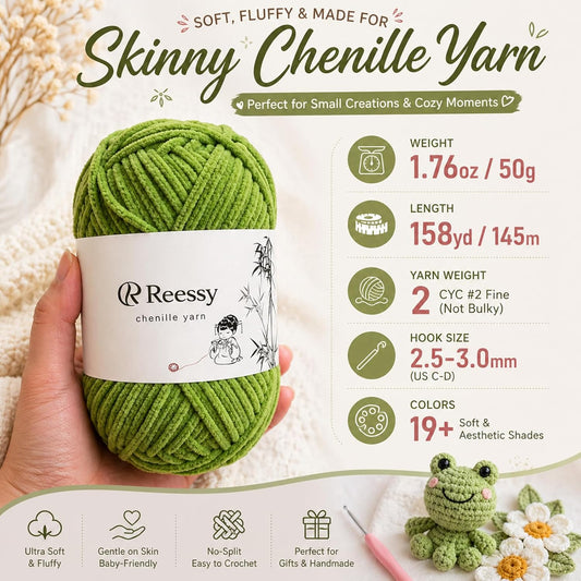 Skinny Chenille Yarn for Crocheting - 6 Pack of 50g/158yd (948yd Total) - Soft Matte Thin Chenille CYC #2 - Fine Weight Baby Yarn for Plush Toys, Baby Blankets & Small Crafts(Sun Yellow)