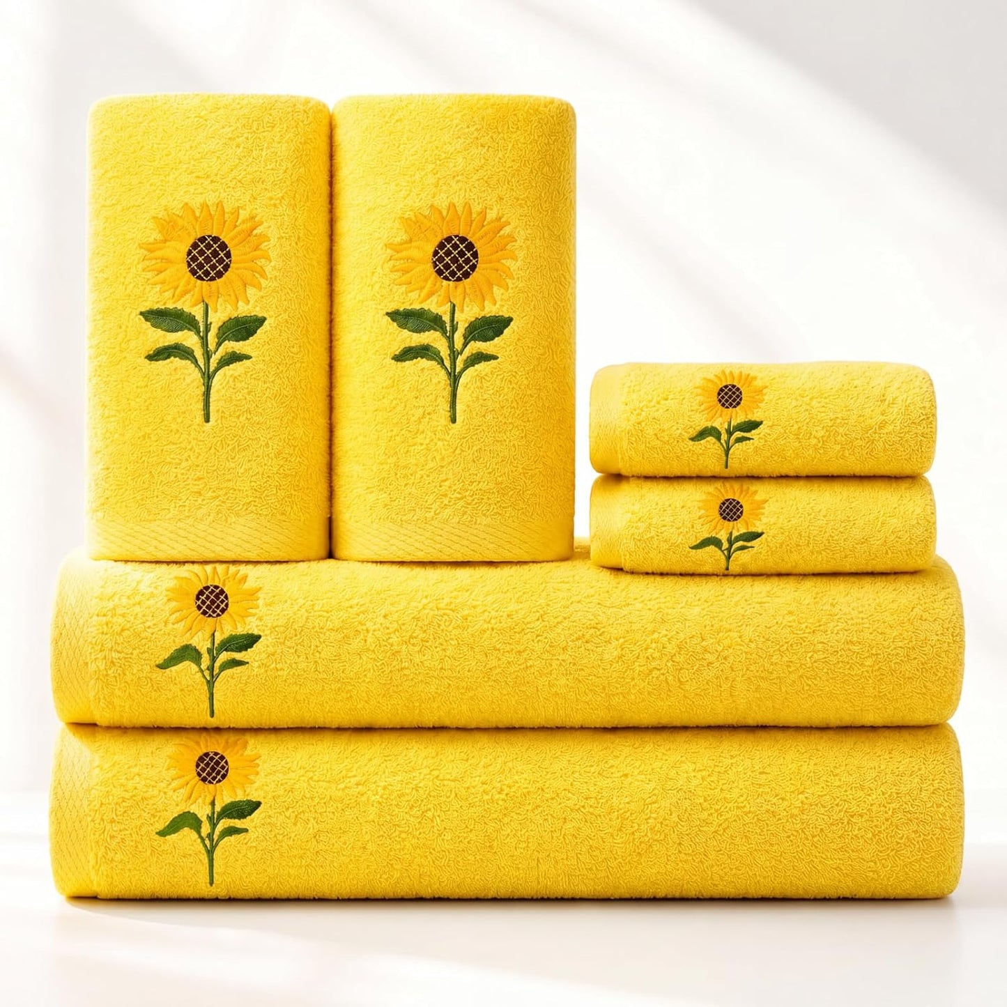 6 Pack Cotton Sunflower Bath Towels Set Spring Summer Yellow Towels for Bathroom, Soft and Absorbent, Contains 2 Bath Cloth, 2 Hand Cloth and 2 Wash Cloths