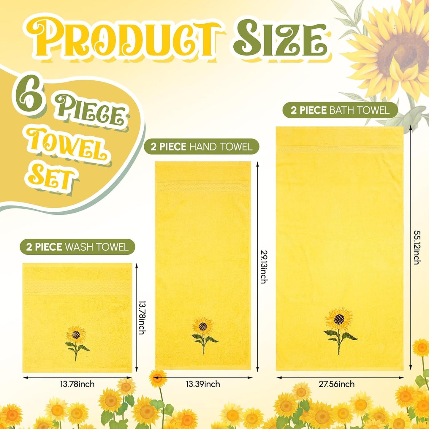 6 Pack Cotton Sunflower Bath Towels Set Spring Summer Yellow Towels for Bathroom, Soft and Absorbent, Contains 2 Bath Cloth, 2 Hand Cloth and 2 Wash Cloths
