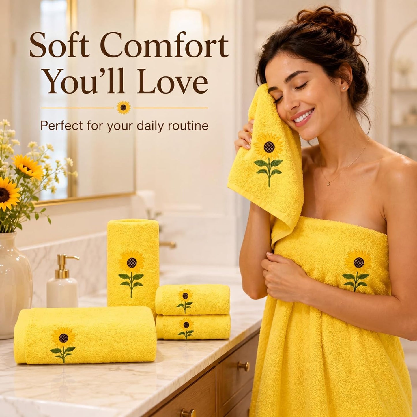 6 Pack Cotton Sunflower Bath Towels Set Spring Summer Yellow Towels for Bathroom, Soft and Absorbent, Contains 2 Bath Cloth, 2 Hand Cloth and 2 Wash Cloths