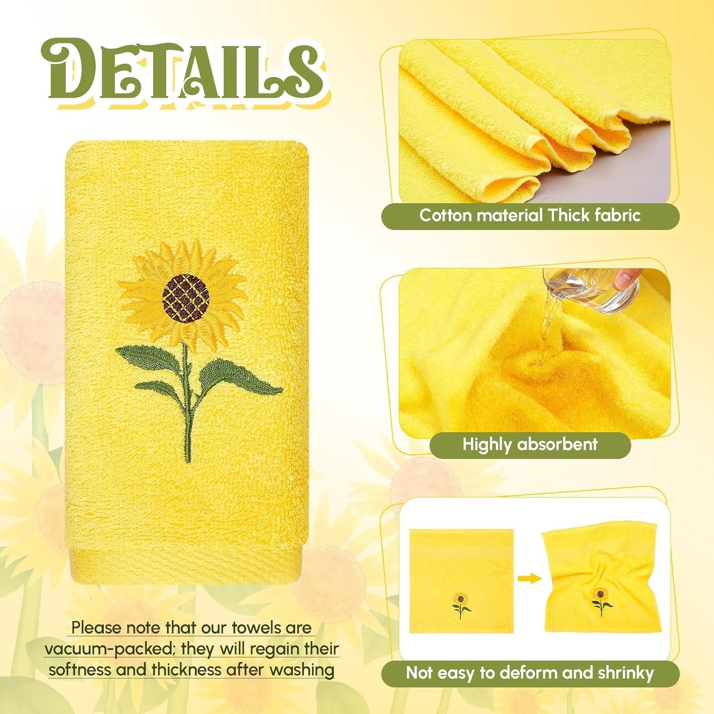 6 Pack Cotton Sunflower Bath Towels Set Spring Summer Yellow Towels for Bathroom, Soft and Absorbent, Contains 2 Bath Cloth, 2 Hand Cloth and 2 Wash Cloths