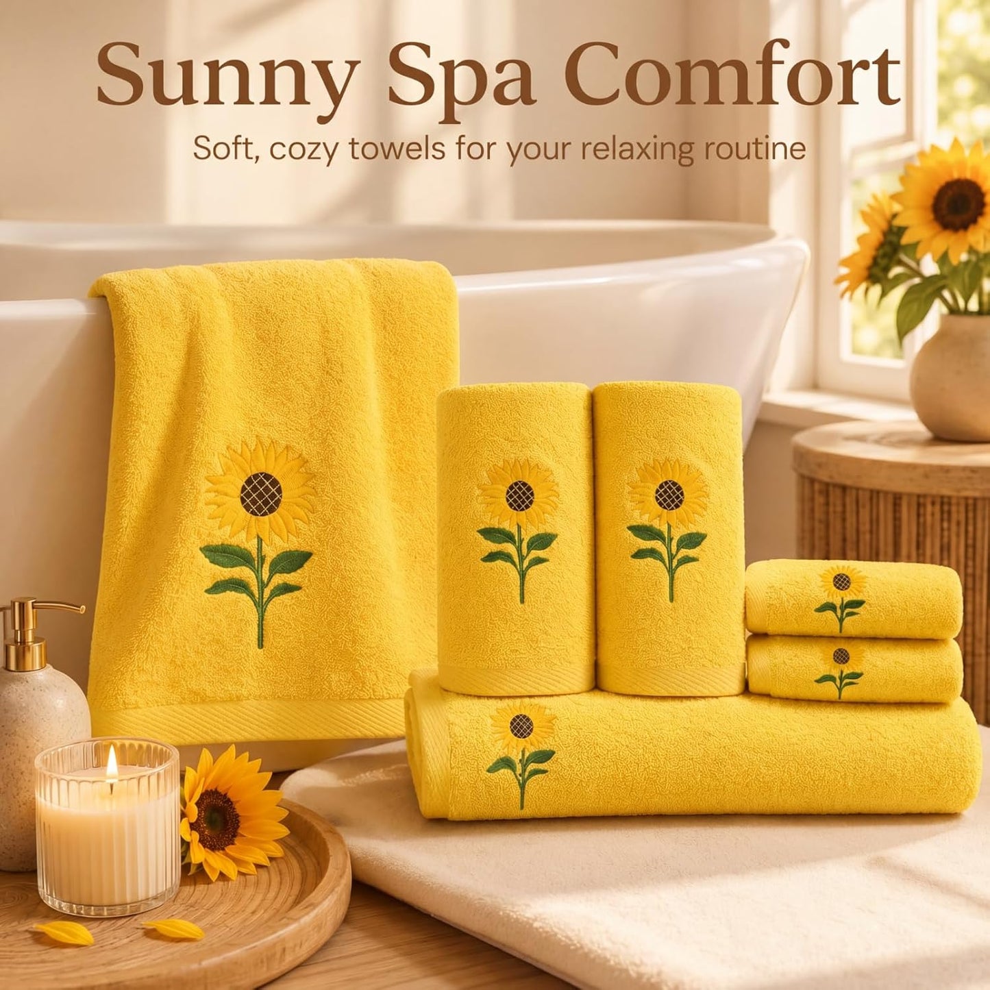 6 Pack Cotton Sunflower Bath Towels Set Spring Summer Yellow Towels for Bathroom, Soft and Absorbent, Contains 2 Bath Cloth, 2 Hand Cloth and 2 Wash Cloths