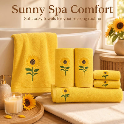 6 Pack Cotton Sunflower Bath Towels Set Spring Summer Yellow Towels for Bathroom, Soft and Absorbent, Contains 2 Bath Cloth, 2 Hand Cloth and 2 Wash Cloths