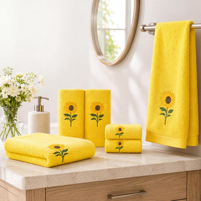 6 Pack Cotton Sunflower Bath Towels Set Spring Summer Yellow Towels for Bathroom, Soft and Absorbent, Contains 2 Bath Cloth, 2 Hand Cloth and 2 Wash Cloths